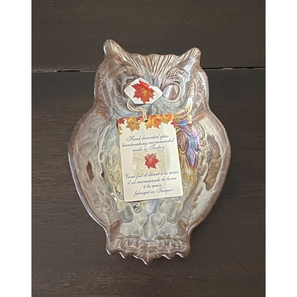 Stylesetter Bronze Iridescent Brown Glass Owl Candy Trinket Dish Made in Turkey